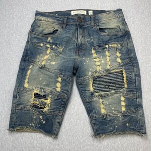 Evolution In Design Denim Shorts Mens 34 Biker Distressed Blue‎ Raw Hem EUC